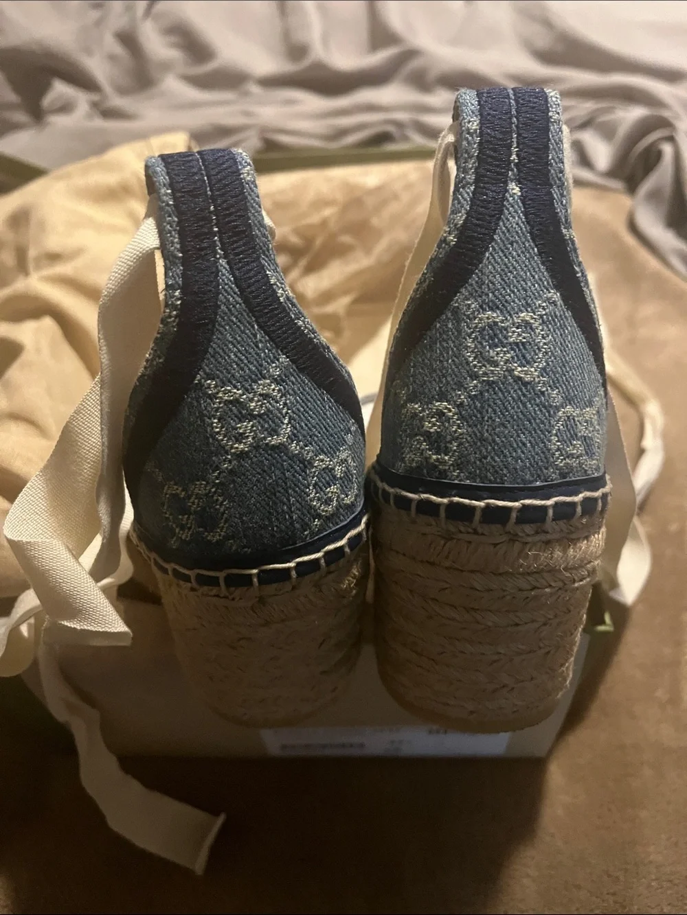 Gucci Blue Denim GG Espadrille Wedge Sandals with Cream Ribbon